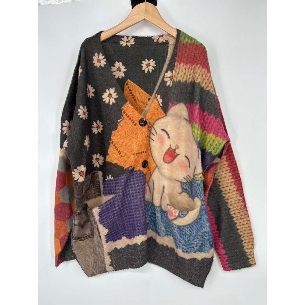 Womens 2X Cat Sweater Cardigan Wool Blend Soft Daisy Kawaii Oversized Whimsical